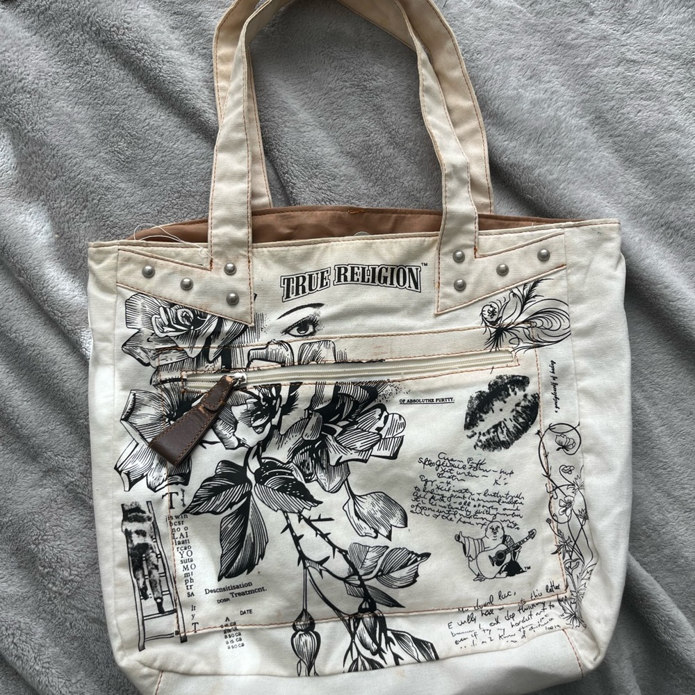 True Religion Cream Tote Bag with Artistic Design